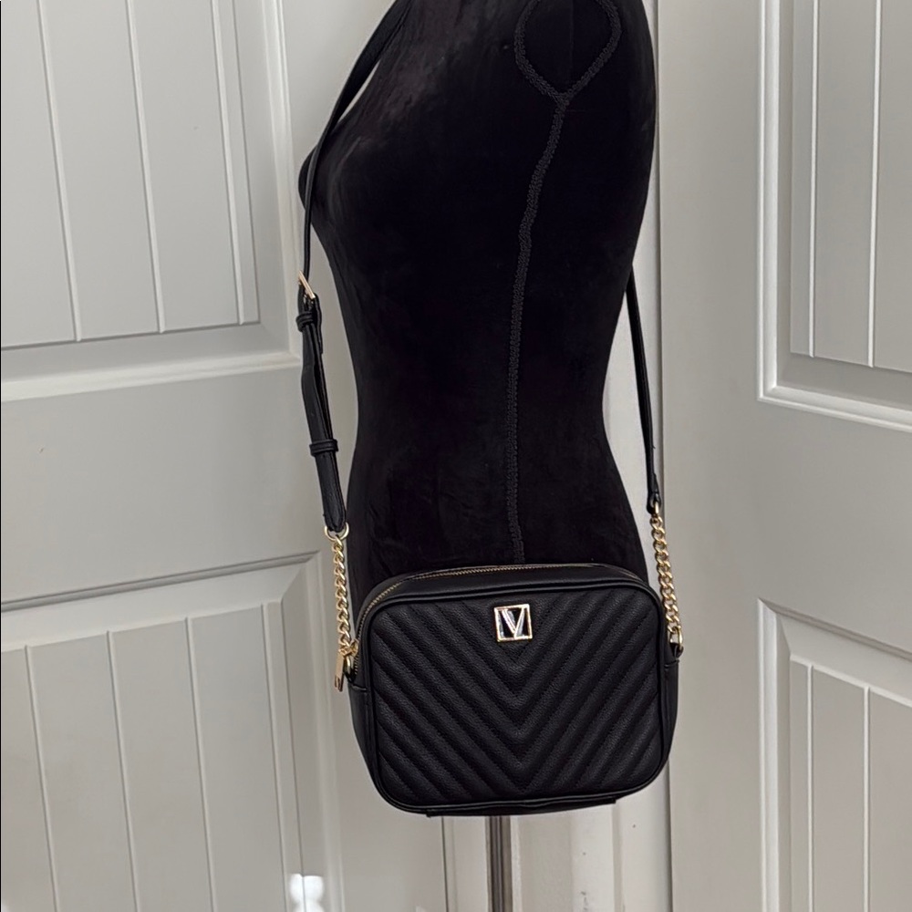 Victoria's Secret Quilted Black Crossbody with Gold Chain